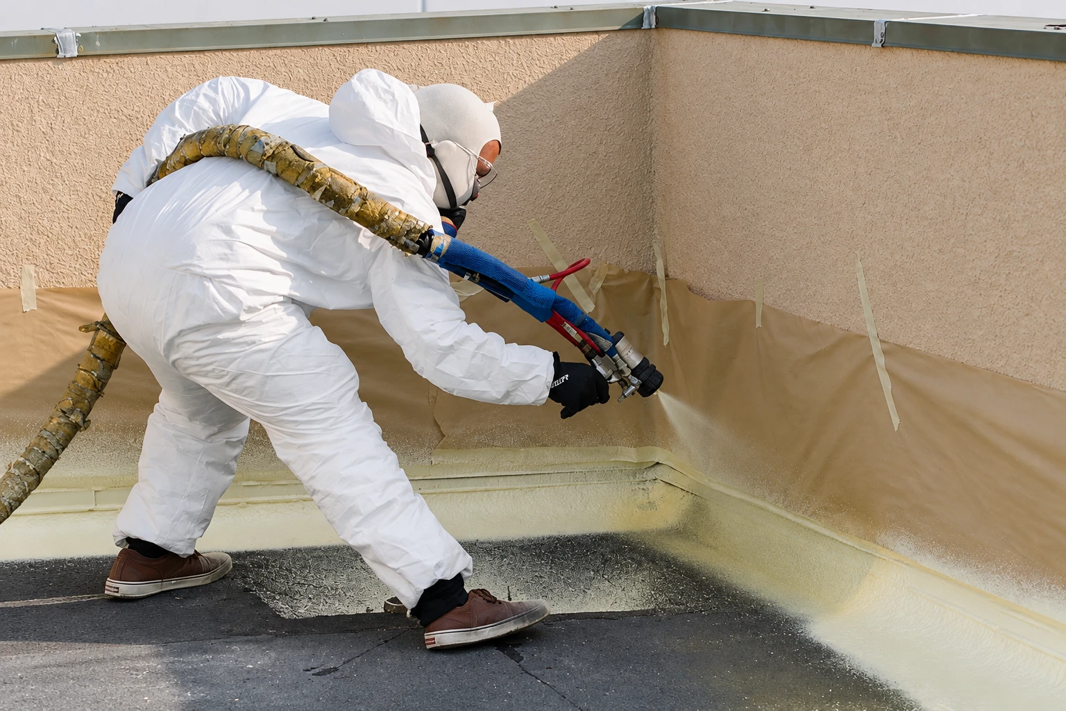 Worker in protective coveralls applies spray foam along the lower wall of a concrete enclosure with a hose-fed gun.