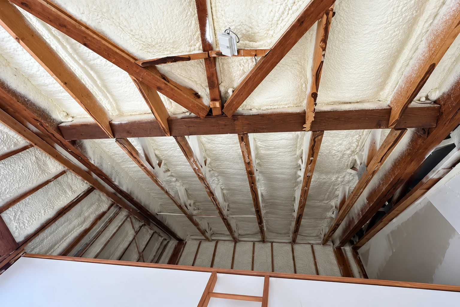 White spray foam seals the underside of a roof between exposed wooden rafters.