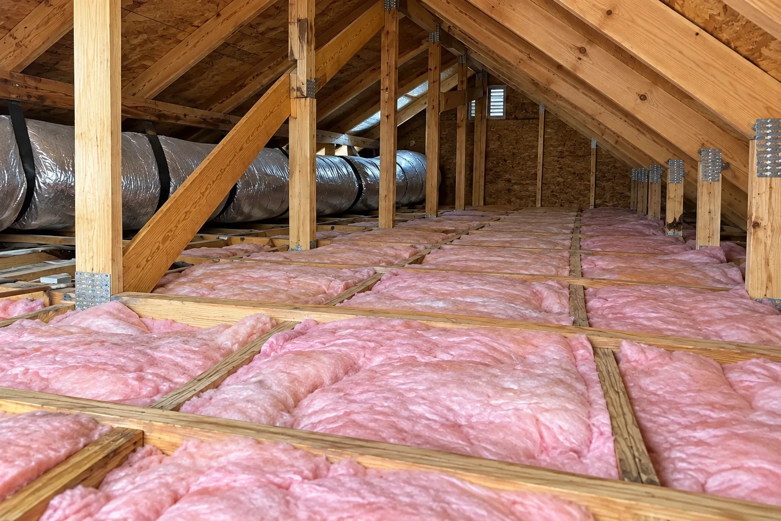 Pink fiberglass batts cover the attic floor between wooden joists, with exposed rafters and a large duct along one side.
