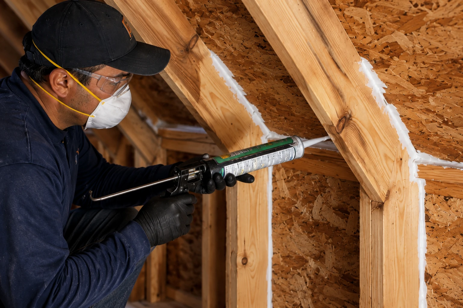 A masked worker applies sealant along the joints between wooden attic rafters using a caulking gun.