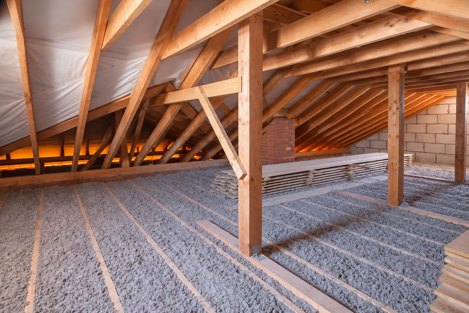 Loose-fill insulation covers an attic floor beneath exposed wooden roof trusses.