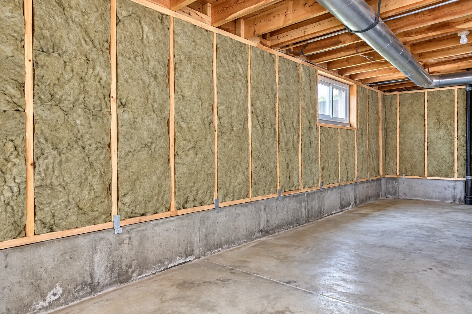 Basement walls have thick fiberglass batts fitted between wooden studs beneath exposed ceiling joists and a metal duct.