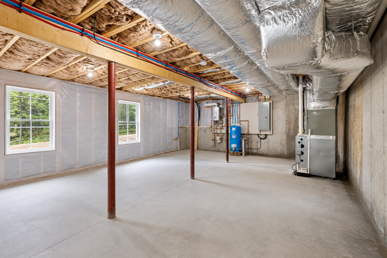 An unfinished basement has insulated ceiling joists, large silver ducts, exposed pipes, and a bare concrete floor.