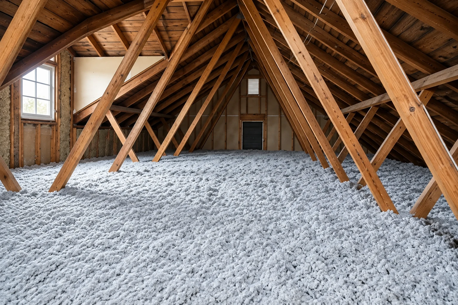 Loose white blown-in insulation covers an attic floor beneath a network of exposed wooden rafters.