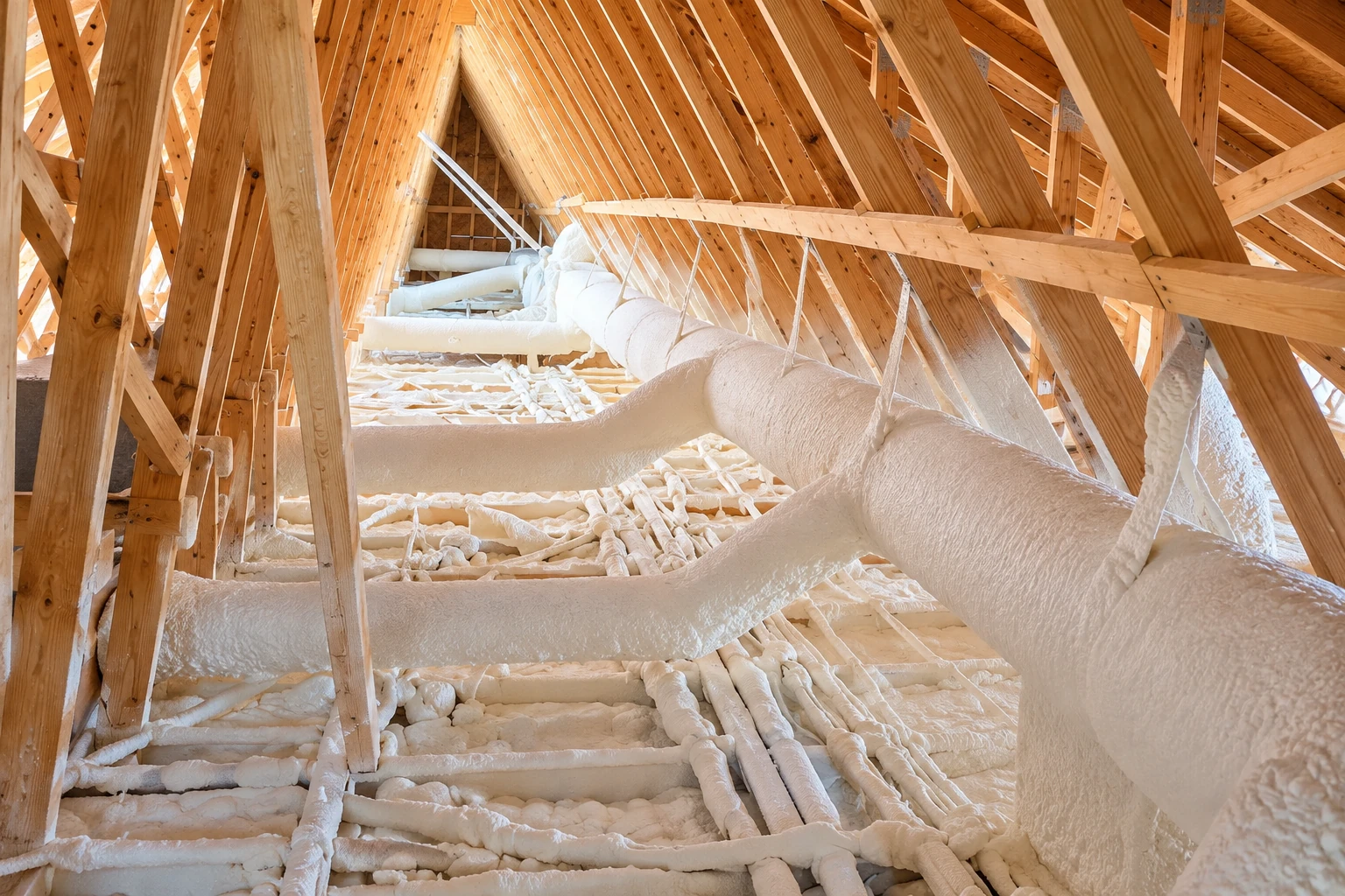 Attic framing and pipes are coated in white spray foam insulation.