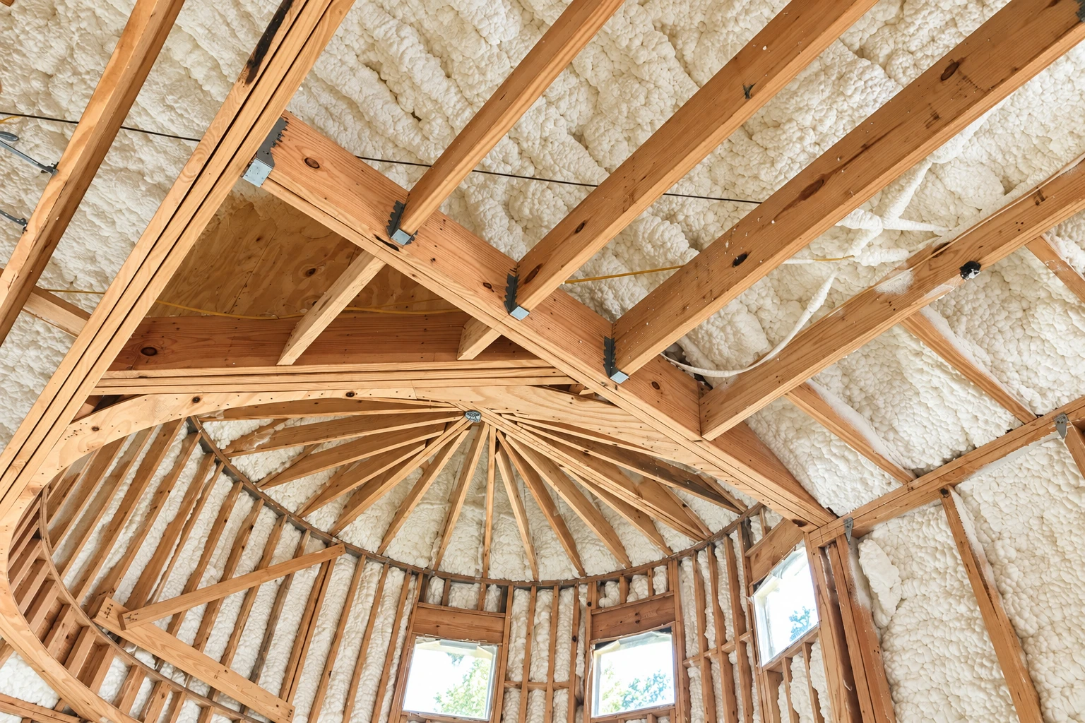 White spray foam insulation fills the roof of a timber-framed room, with exposed rafters and windows below.