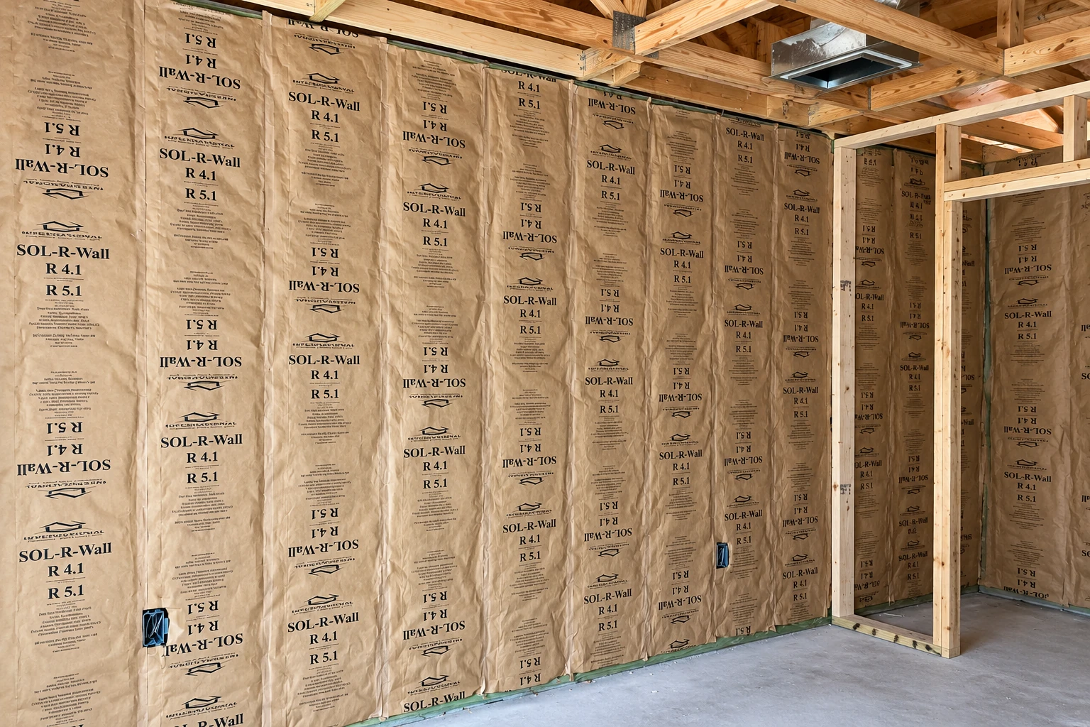 Commercial wall insulation fills the wooden framing in a large unfinished space, with printed kraft-paper facing and exposed ceiling beams.