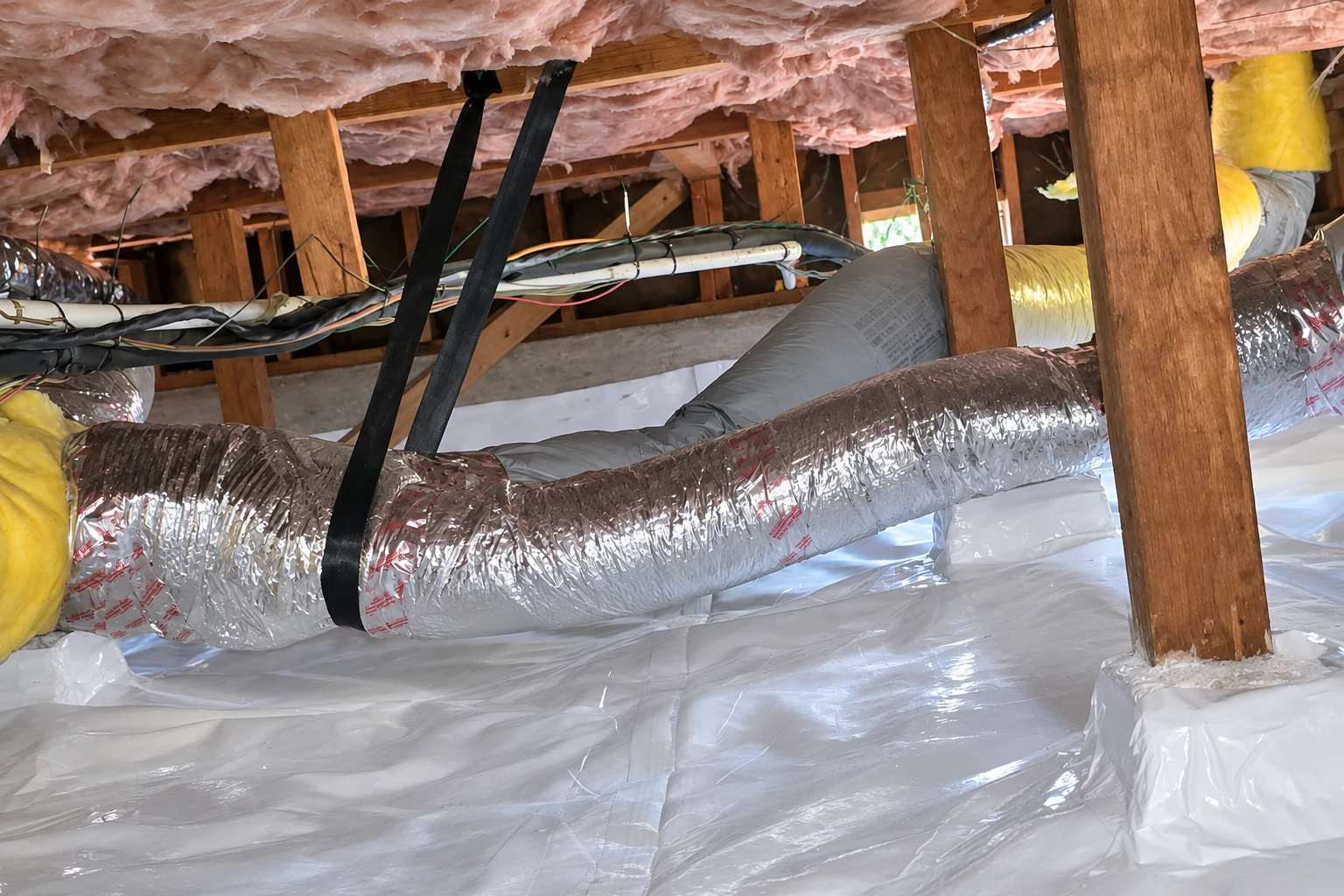 A crawl space has a white plastic vapor barrier beneath ducts and pink insulation between the joists.