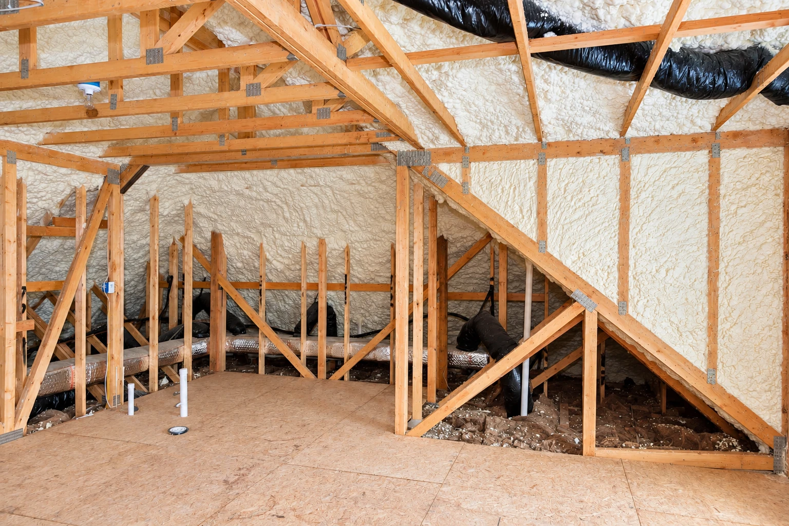 Exposed attic rafters and walls are coated with pale foam insulation, with ducts and framing visible.