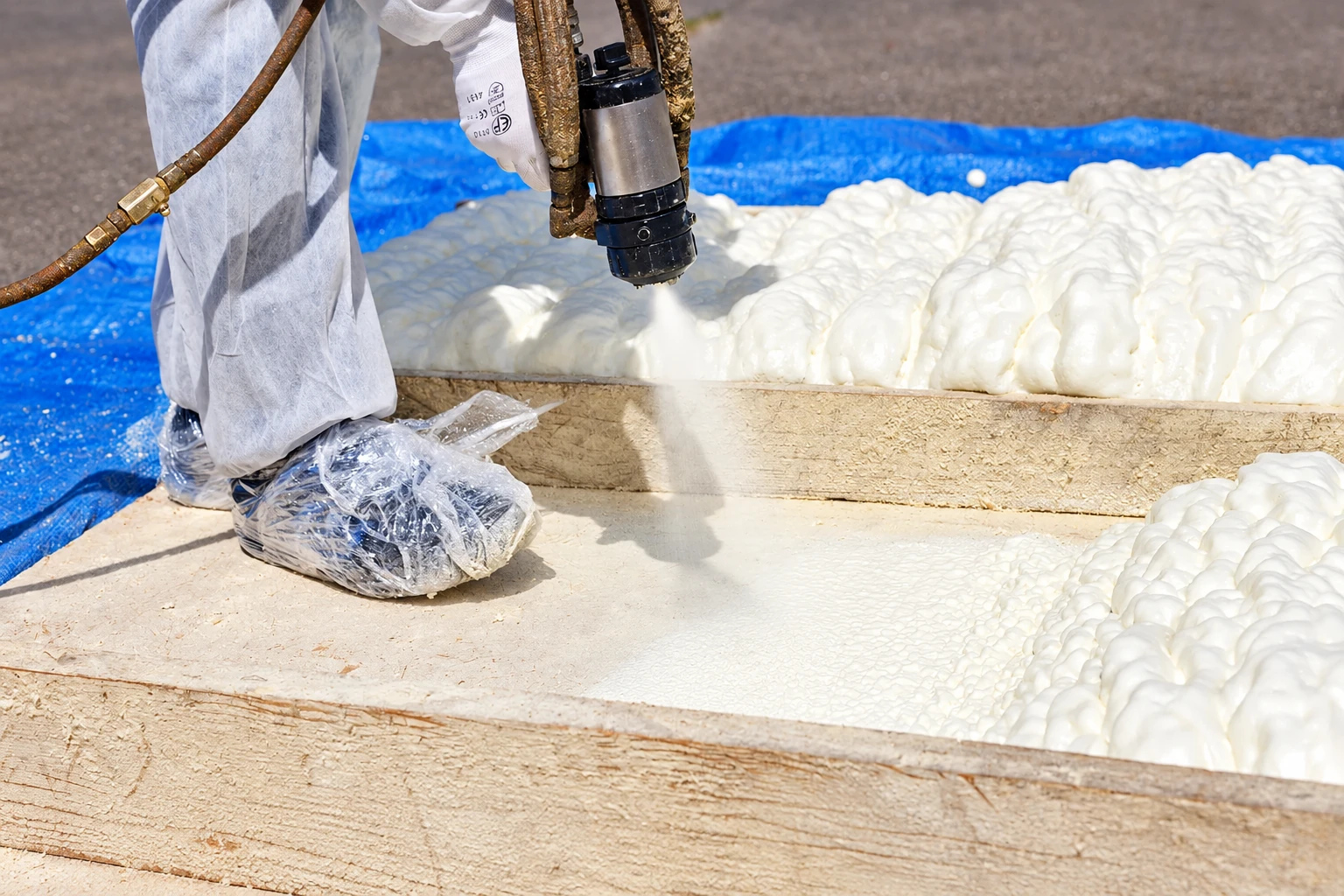 A worker in protective clothing sprays expanding foam insulation into a wooden-framed surface beside a blue tarp.
