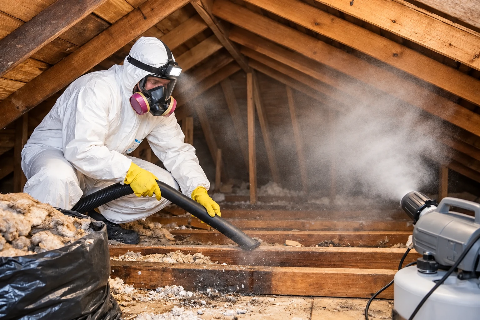 A worker in protective gear vacuums loose attic insulation through a hose, with dust and debris around the rafters.