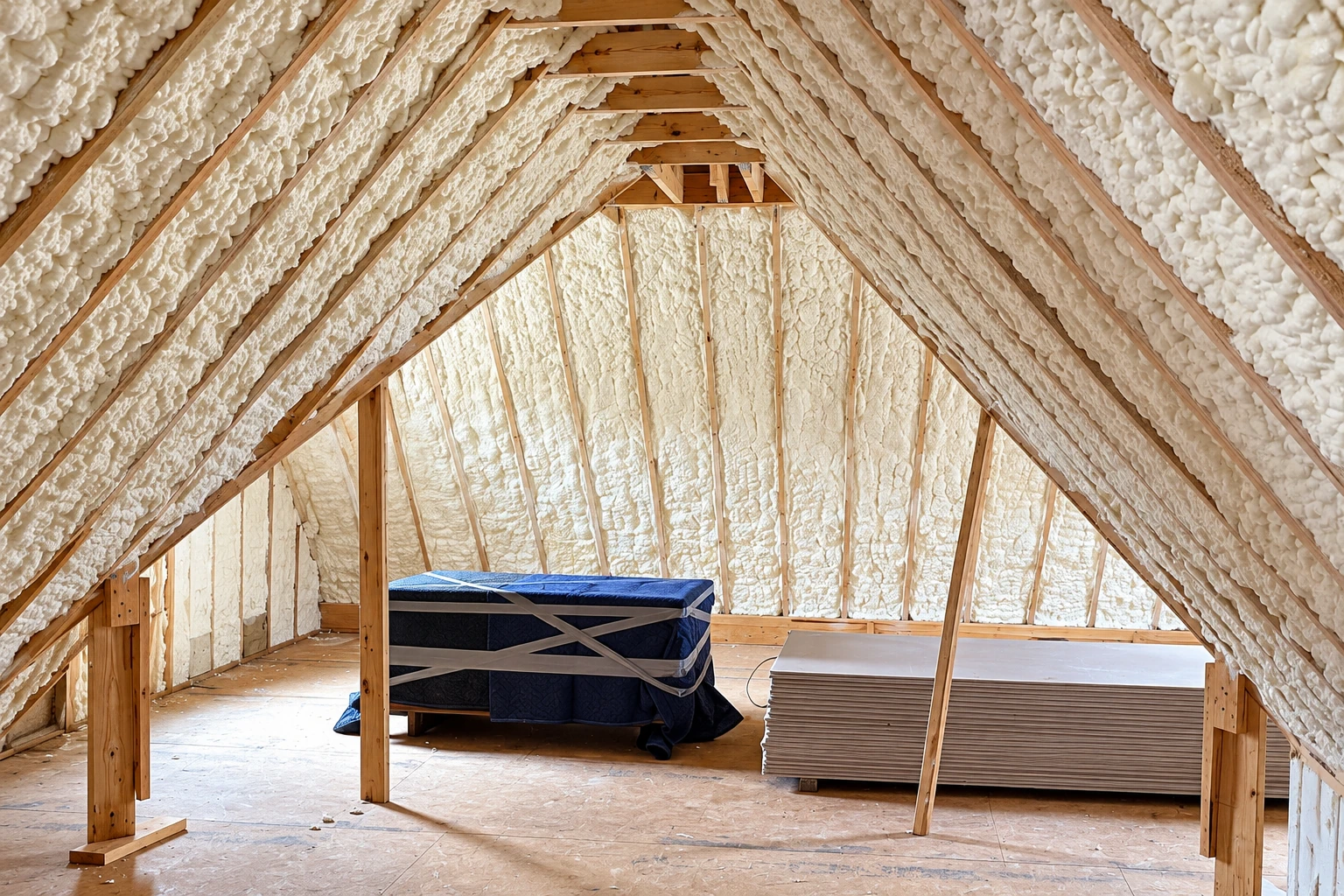 Open-cell spray foam fills the sloped rafters of a wooden attic, with a mattress and stacked boards on the floor.