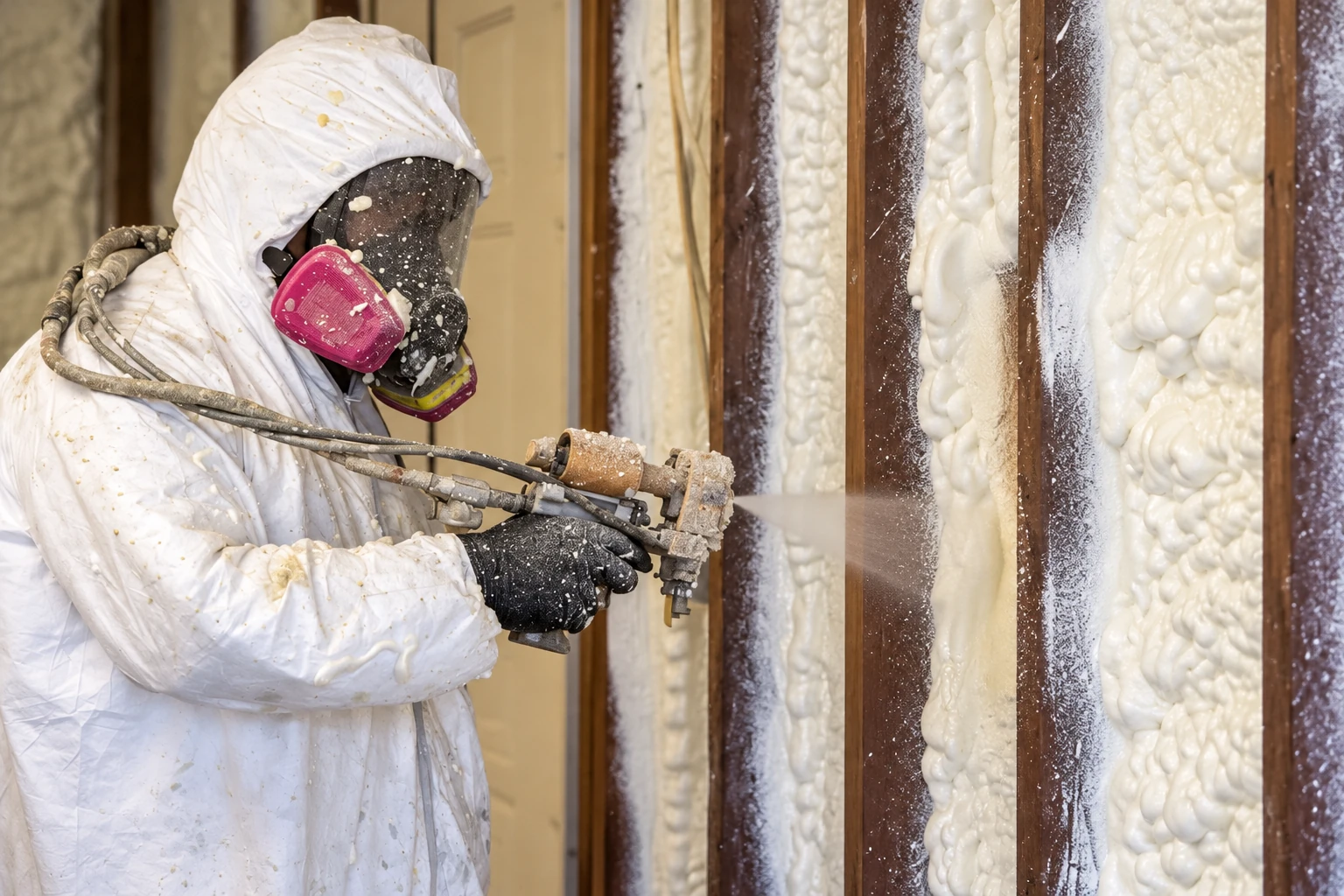 A worker in protective gear sprays white foam insulation between wall studs.