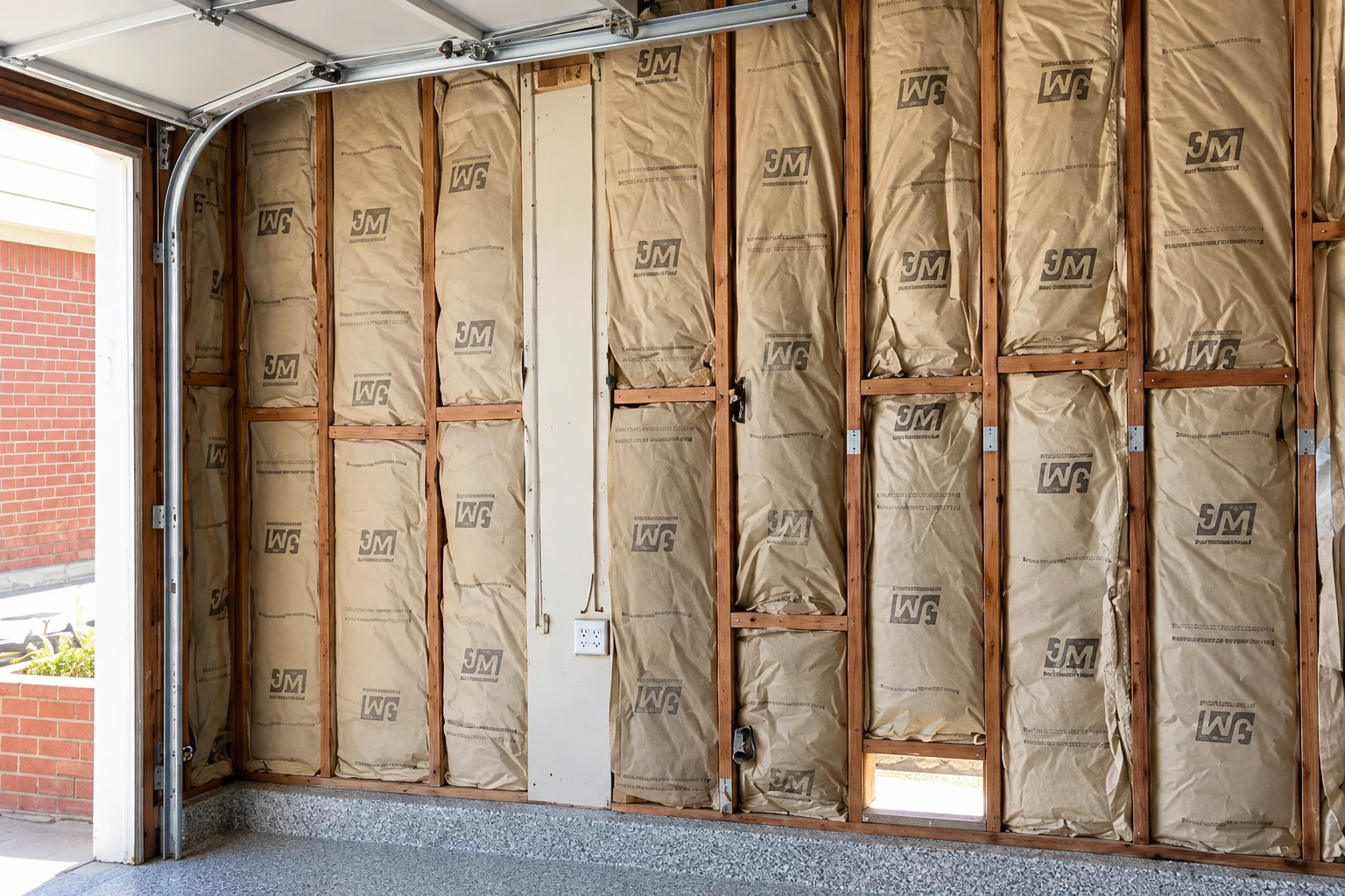 Fiberglass batts fill the exposed wooden wall studs inside a garage.