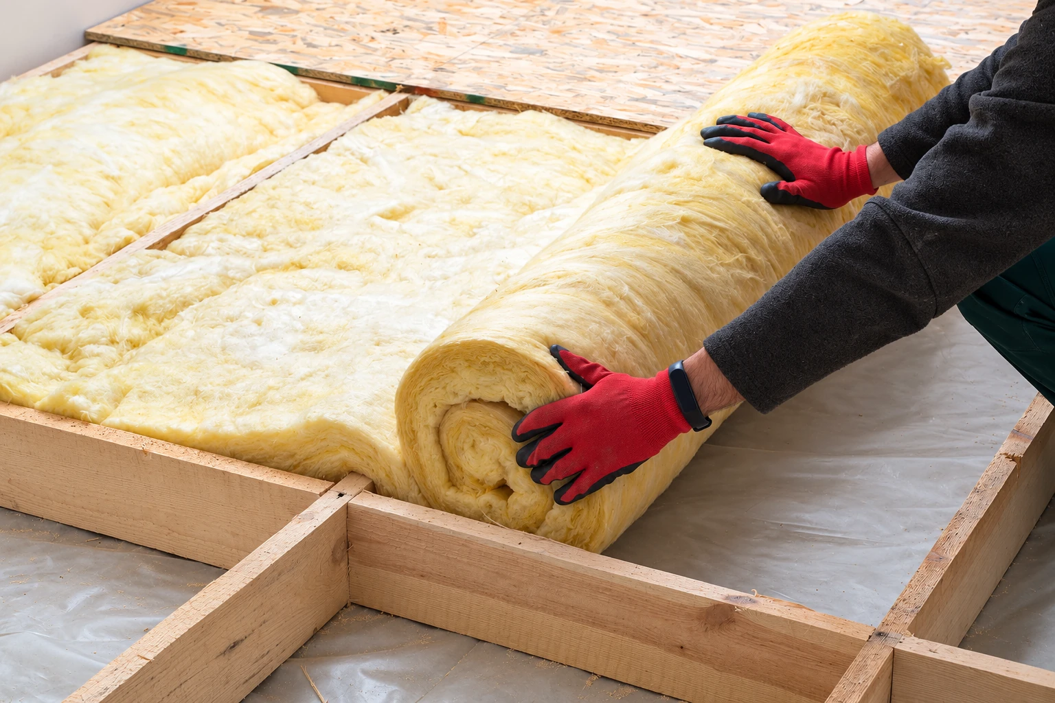 A worker in red gloves rolls yellow fiberglass batt insulation into open floor joists.