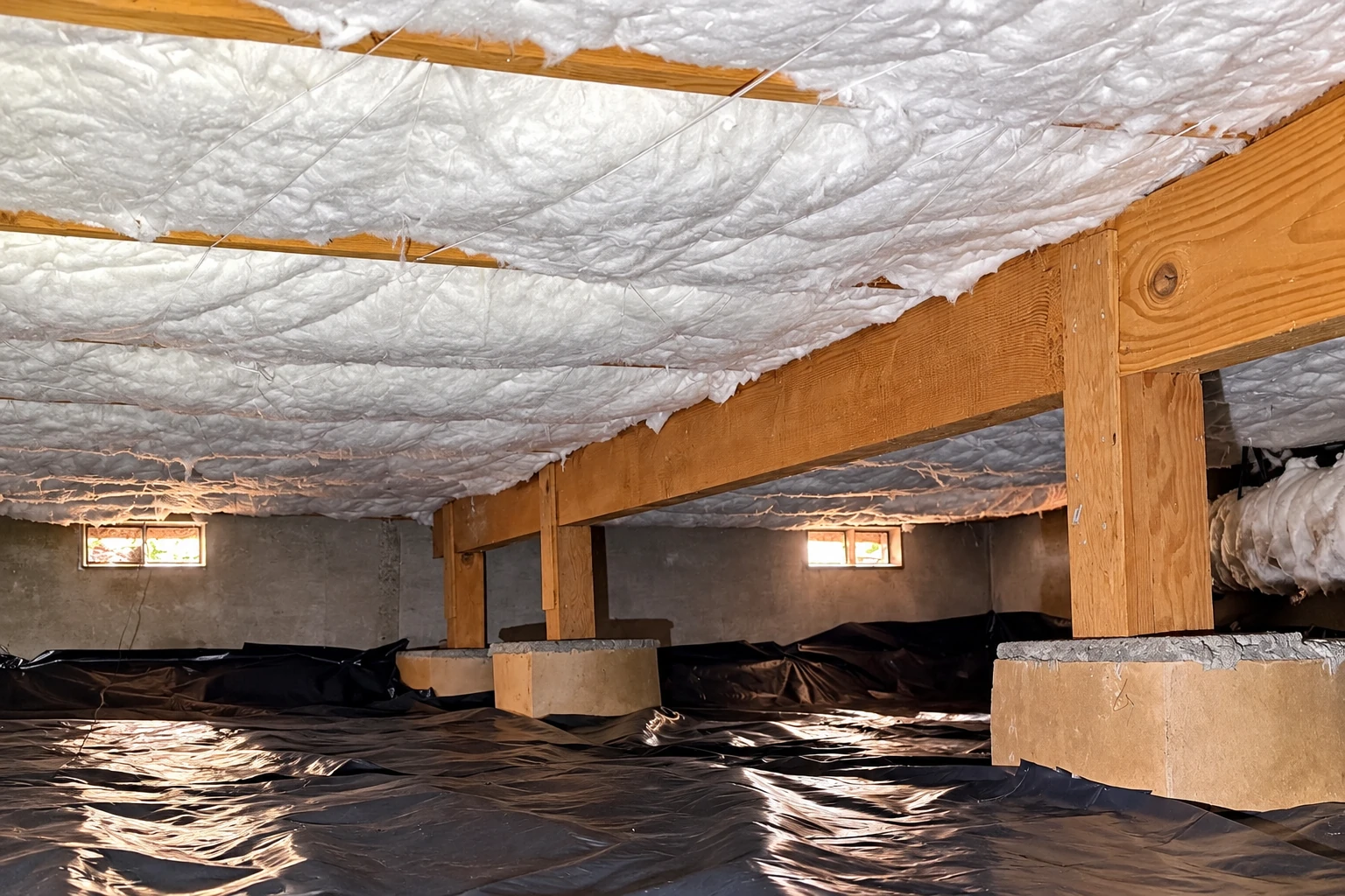 Black plastic covers the floor of a crawl space beneath white insulation attached to the ceiling joists.