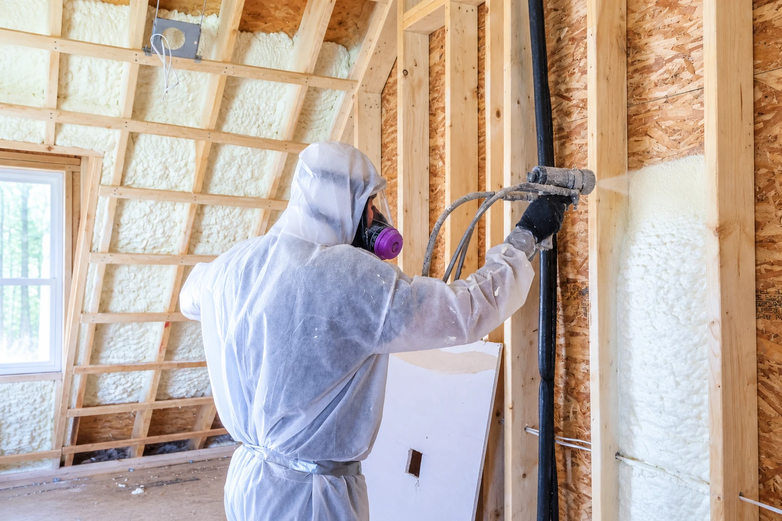 A worker in protective gear sprays foam insulation into an unfinished wall cavity.